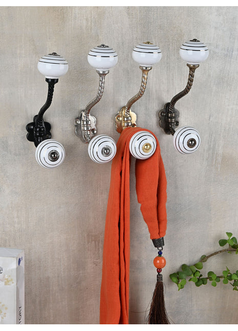 Silver Stripes on a White Ceramic Knob With Metal Wall Hanger