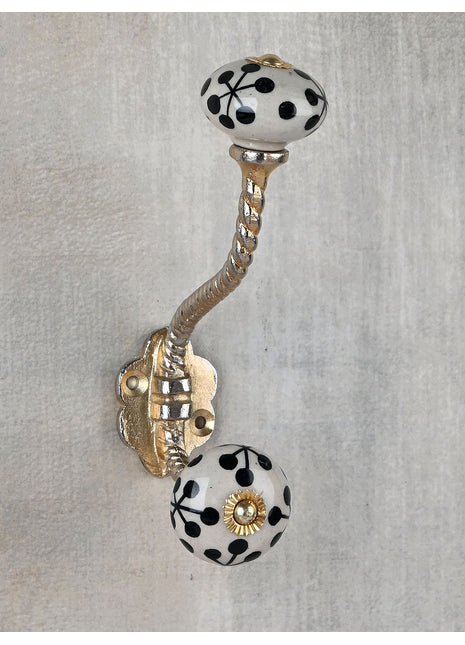 Black Print On White Ceramic Knob With Metal Wall Hanger