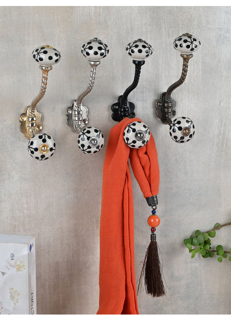 Black Print On White Ceramic Knob With Metal Wall Hanger
