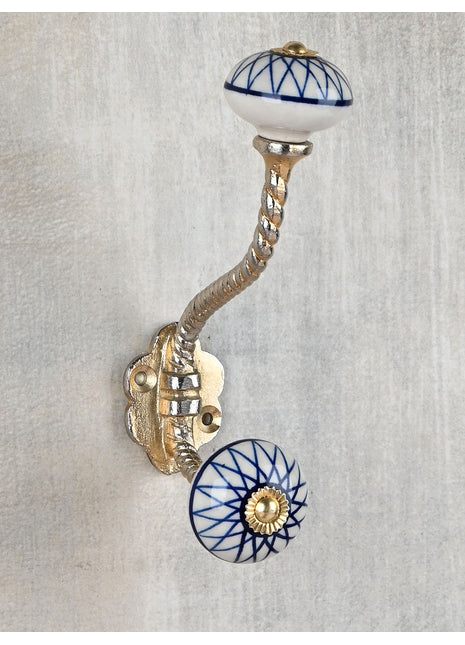 Geometric Blue Pattern On White Ceramic Knob With Metal Wall Hanger