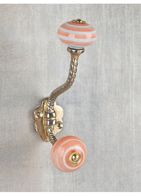Stylish White And Orange Ceramic Knob With Metal Wall Hanger