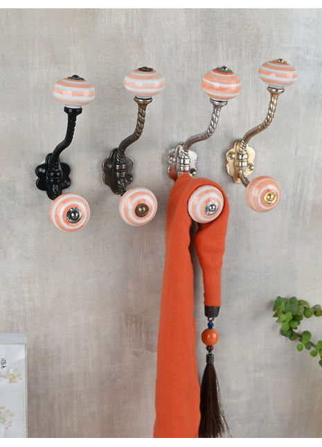 Stylish White And Orange Ceramic Knob With Metal Wall Hanger