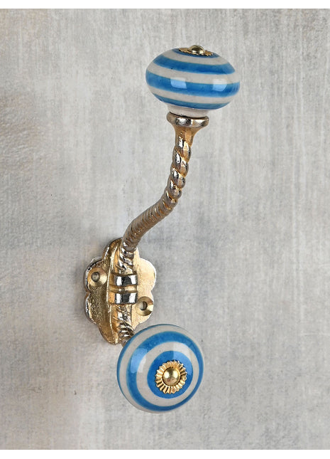 Turquoise And White Spiral Hand Painted Knob With Metal Wall Hanger