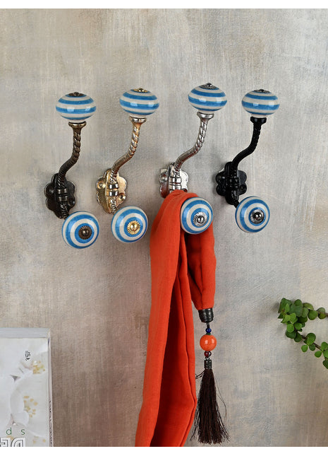 Turquoise And White Spiral Hand Painted Knob With Metal Wall Hanger