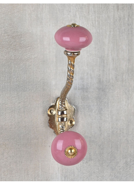 Solid Pink Handmade Ceramic Knob With Metal Wall hanger