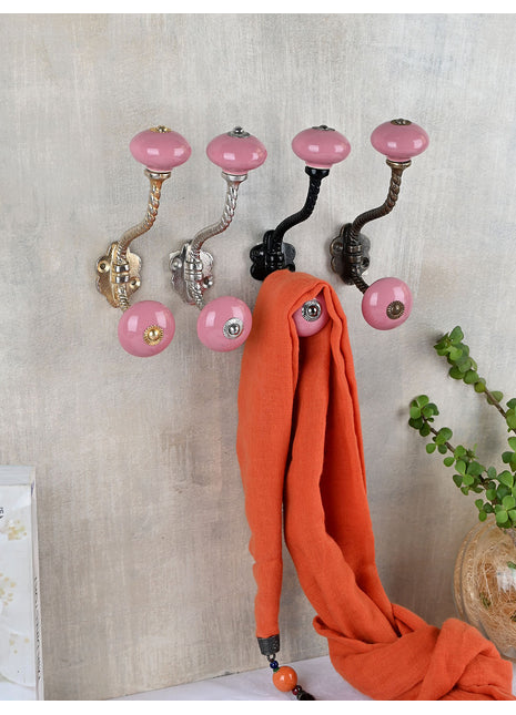 Solid Pink Handmade Ceramic Knob With Metal Wall hanger