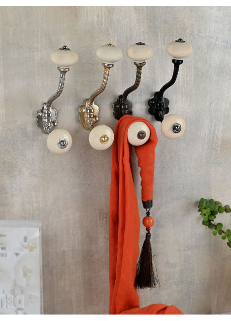 Elegant White Handpainted Ceramic Knob With Metal Wall Hanger