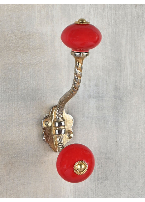 Solid Red Ceramic Cabinet Knob With Metal Wall Hanger