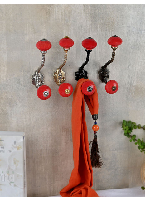 Solid Red Ceramic Cabinet Knob With Metal Wall Hanger