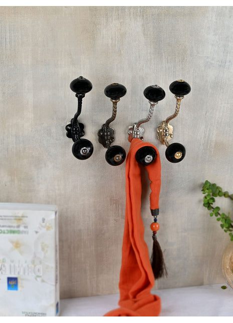Solid Black Ceramic Knob With Metal Wall Hanger