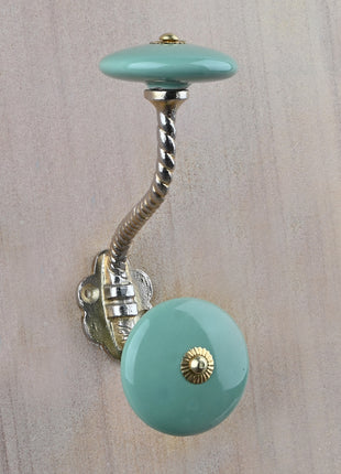 Solid Teal Ceramic Knob With Metal Wall Hanger
