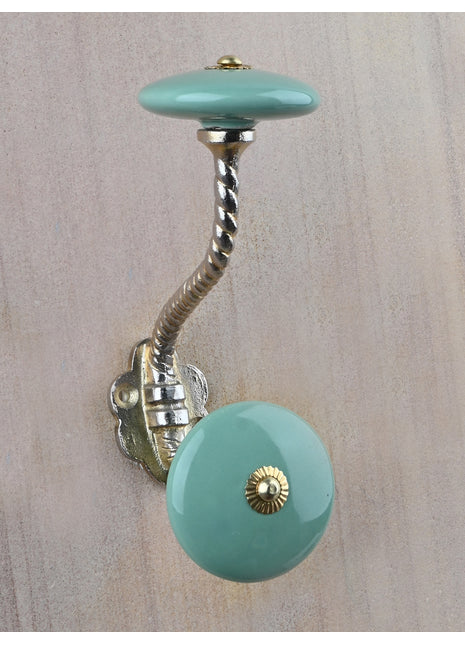 Solid Teal Ceramic Knob With Metal Wall Hanger