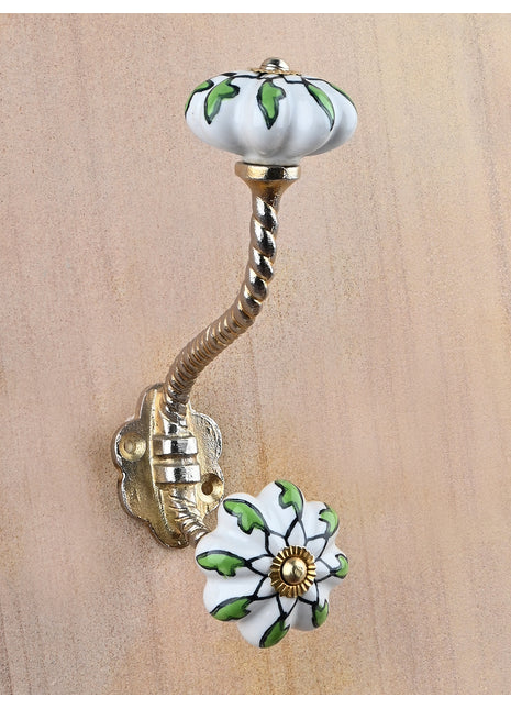 Floral White Ceramic Knob With Metal Wall Hanger