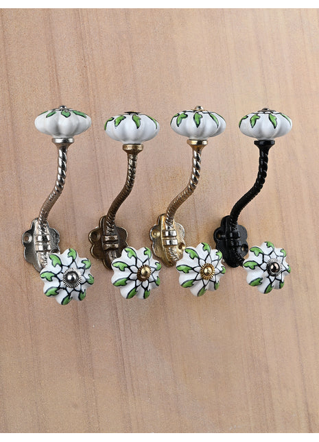 Floral White Ceramic Knob With Metal Wall Hanger