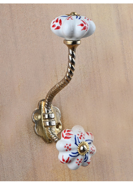 White Hand painted Stylish Ceramic Knob With Metal Wall Hanger