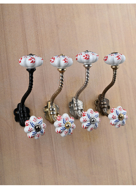 White Hand painted Stylish Ceramic Knob With Metal Wall Hanger