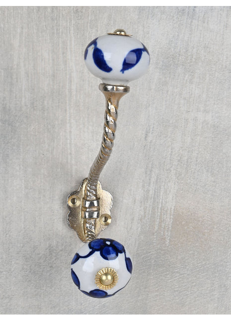Stylish White Cabinet knob with Blue Leaves With Metal Wall Hanger
