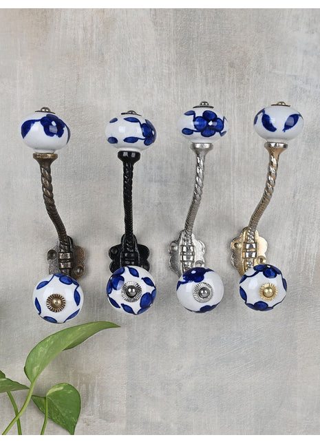 Stylish White Cabinet knob with Blue Leaves With Metal Wall Hanger