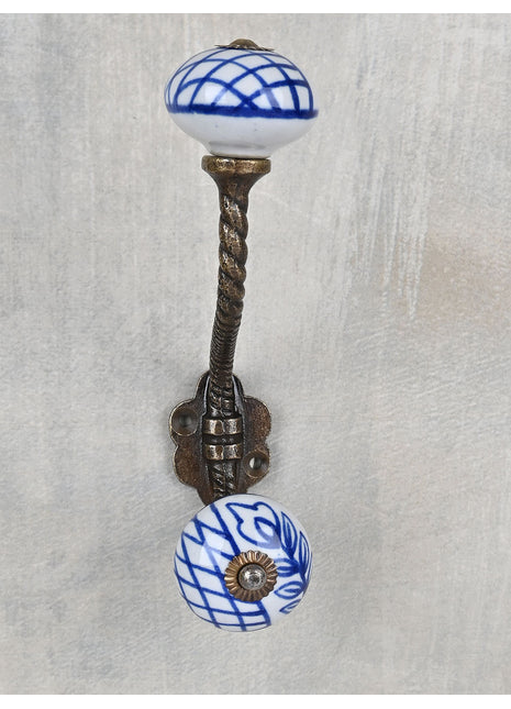 White Ceramic  Knob With Blue Geometric Design With Metal Wall Hanger