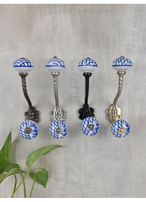 White Ceramic  Knob With Blue Geometric Design With Metal Wall Hanger