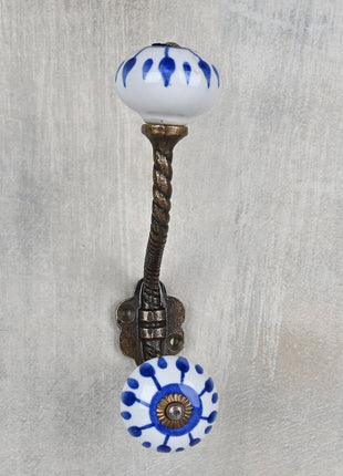 Blue Design With White Base Ceramic Knob With Metal Wall Hanger