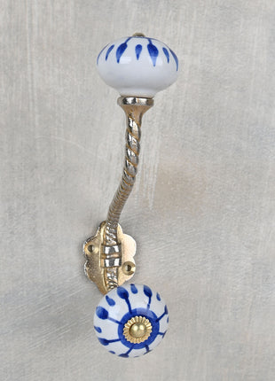 Blue Design With White Base Ceramic Knob With Metal Wall Hanger