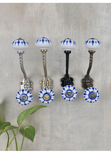 Blue Design With White Base Ceramic Knob With Metal Wall Hanger