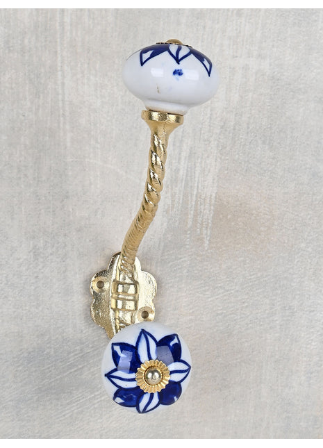 Elegant White Ceramic Knob with Blue flower With Metal Wall Hanger