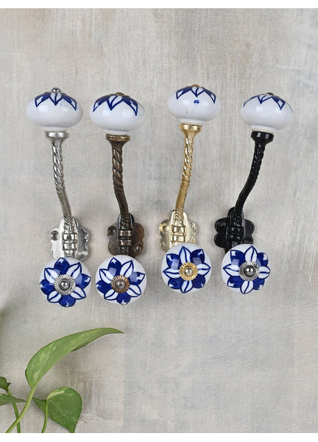 Elegant White Ceramic Knob with Blue flower With Metal Wall Hanger