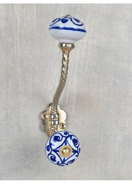 White Floral Ceramic Knob With Handpainted Blue Flowers With Metal Wall Hanger
