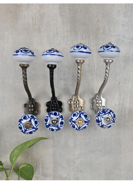 White Floral Ceramic Knob With Handpainted Blue Flowers With Metal Wall Hanger