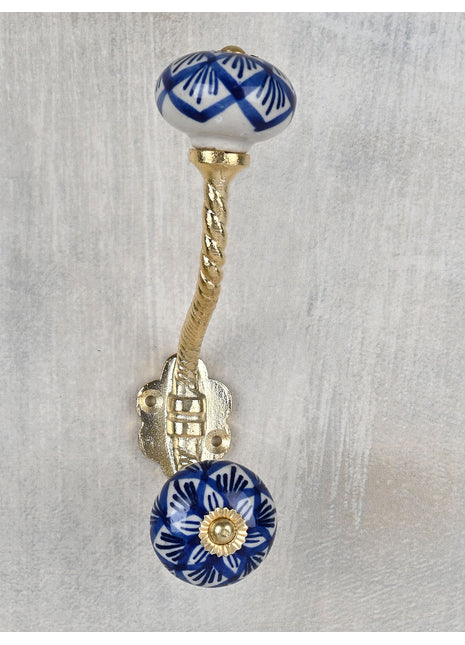 White Royal Ceramic Knob Blue Print With Metal Wall Hanger