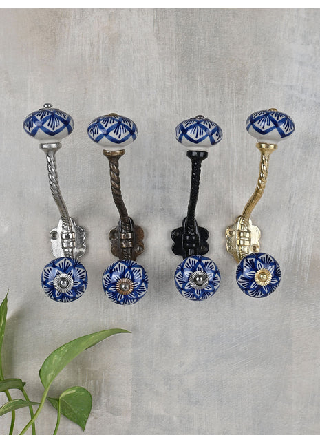 White Royal Ceramic Knob Blue Print With Metal Wall Hanger