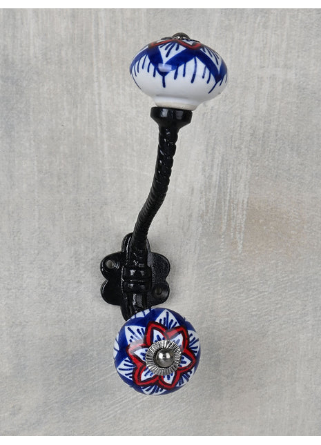 Elegant White Ceramic Knob Red And Blue Print With Metal Wall Hanger