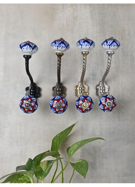 Elegant White Ceramic Knob Red And Blue Print With Metal Wall Hanger