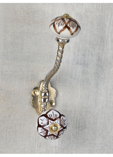 White Ceramic Knob Brown Flower With Metal Wall Hanger