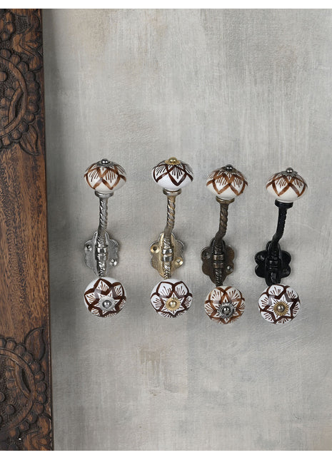 White Ceramic Knob Brown Flower With Metal Wall Hanger
