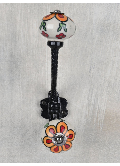 Elegant White Base Ceramic Knob Multicolor Print With Metal Wall Hanger