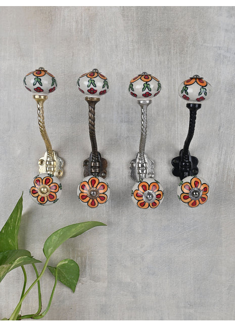 Elegant White Base Ceramic Knob Multicolor Print With Metal Wall Hanger