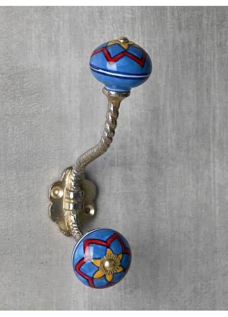 Stylish Turquoise Ceramic Knob Red Print With Metal Wall Hanger