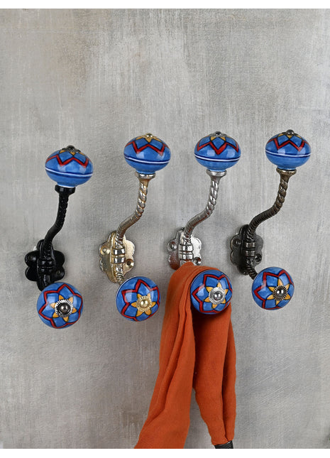 Stylish Turquoise Ceramic Knob Red Print With Metal Wall Hanger