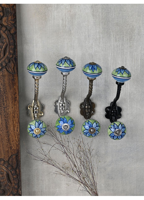 Elegant Green Ceramic Knob Green Flower With Metal Wall Hanger