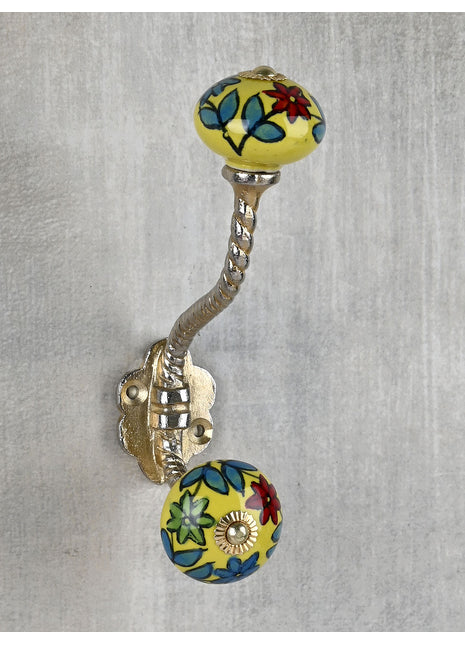 Yellow Base Ceramic Knob Red, Green And Turquoise Flowers With Metal Wall Hanger