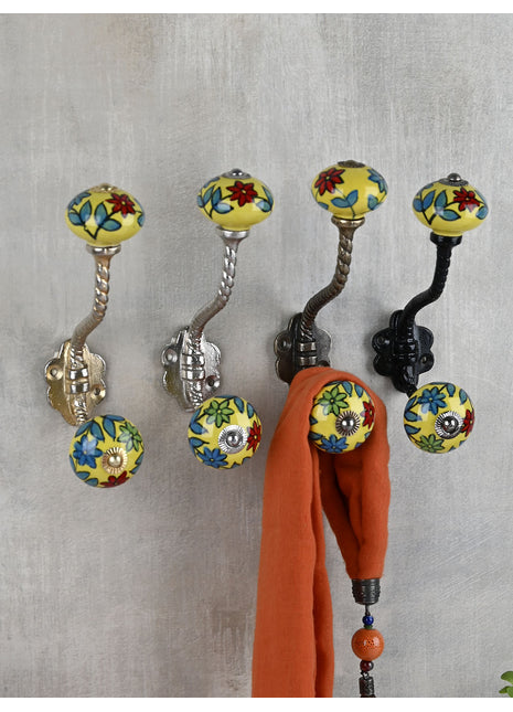 Yellow Base Ceramic Knob Red, Green And Turquoise Flowers With Metal Wall Hanger