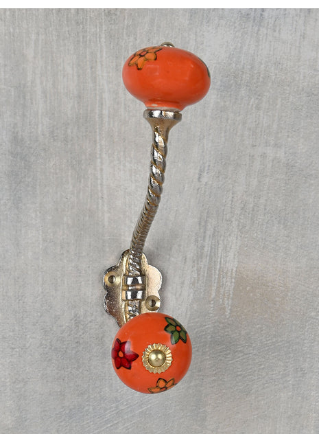 Round Orange Knob Beautifully Hand Painted Flowers With Metal Wall Hanger