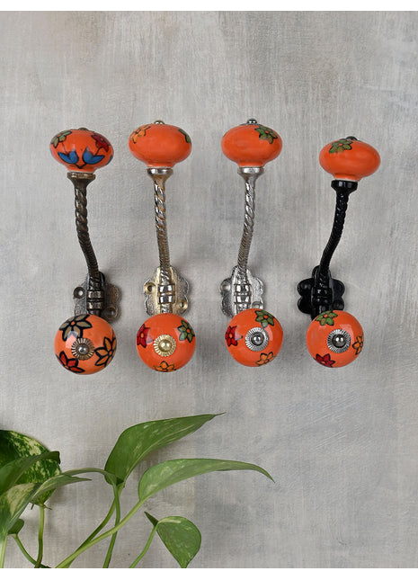 Round Orange Knob Beautifully Hand Painted Flowers With Metal Wall Hanger