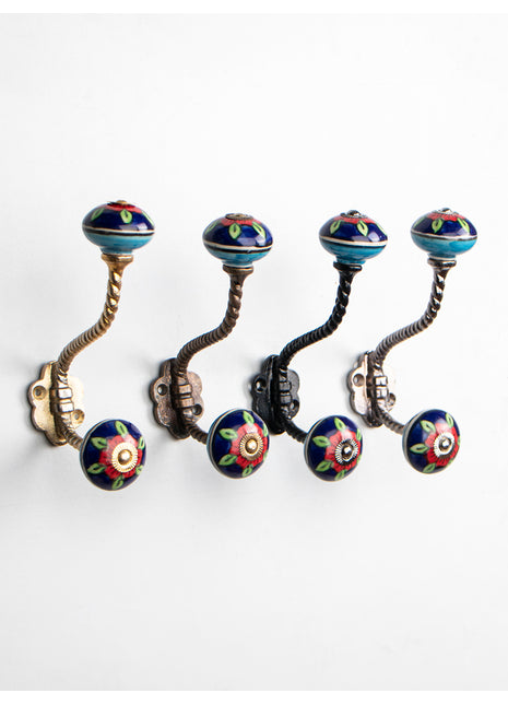 Elegant Blue Ceramic Knob Green Leaves With Metal Wall Hanger