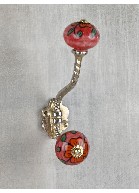 Red Base Ceramic Knob Multicolor Print With Metal Wall Hanger