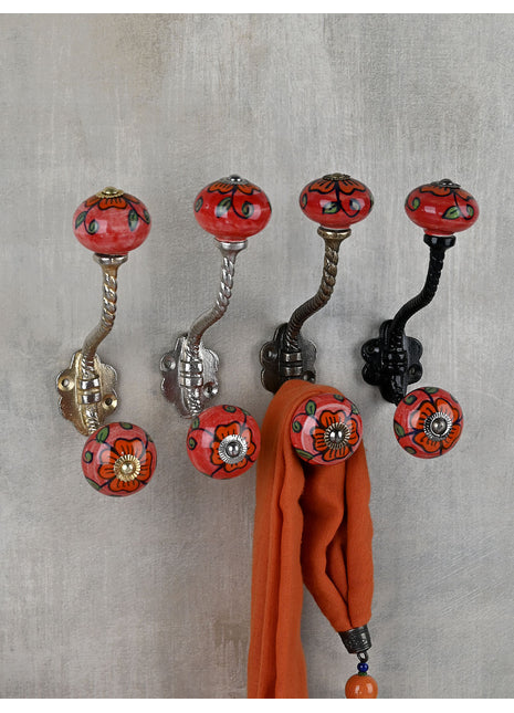 Red Base Ceramic Knob Multicolor Print With Metal Wall Hanger