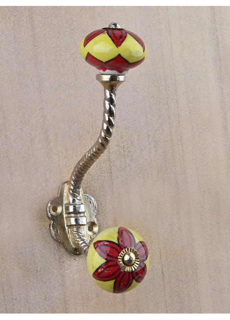 White Round Red Flower Ceramic Knob With Metal Wall Hanger